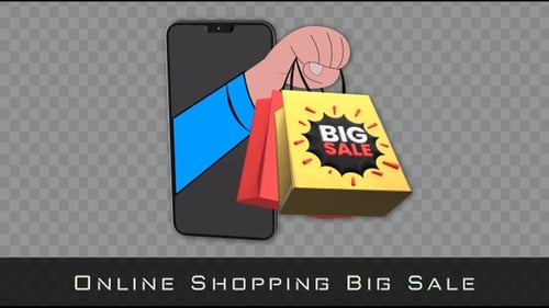 Animated Hand Holding Shopping Bags from Smartphone Big Sale