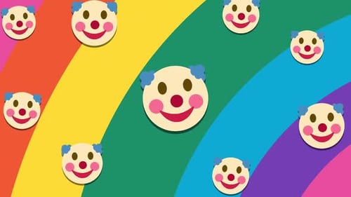 Cartoon Clown Faces Rainbow Background Transition