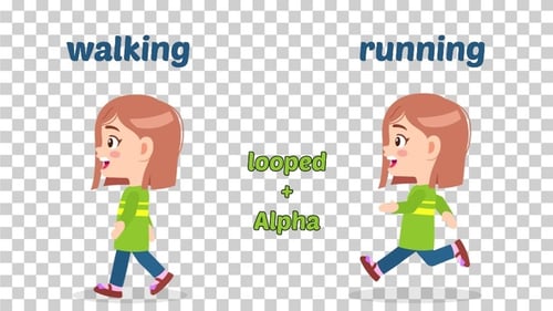 Lindas animaciones de niña de dibujos animados caminando y corriendo en bucle + alpha