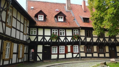 Residential buildings of medieval city in Europe. Traditional architecture half-timbered houses.