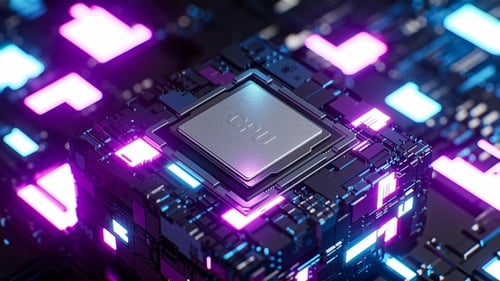 Futuristic CPU Processor on Circuit Board with Neon Lights