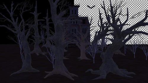 Cena de terror noturno com casa mal-assombrada e morcegos, canal alfa, design exclusivo, renderização 3D, exclusivo