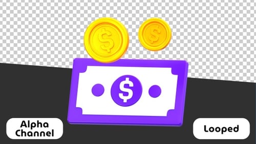 3D Purple Banknote and Falling Gold Coins for Currency and Cash Concept | Alpha Channel