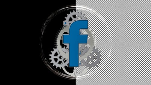 Logotipo giratório do Facebook com mecanismo de relógio atrás de vidro, canal alfa, exclusivo, renderização 3D