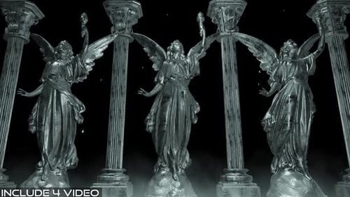 Gothic Angel Statue And Pillar Corridor In Dramatic Dark Lighting