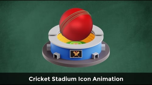Animated 3D Cricket Ball Rotating Over a Stylized Stadium