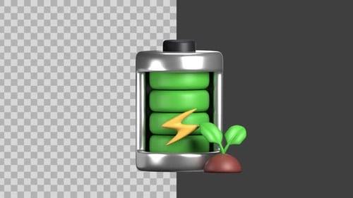 3D Green Battery Charging with Sprouting Plant Animation