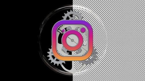 Logotipo giratório do Instagram com mecanismo de relógio atrás do vidro, canal alfa, exclusivo, renderização 3D