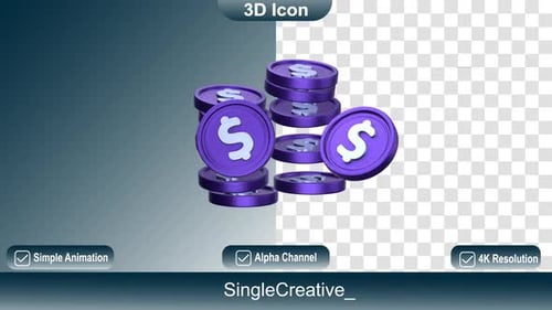 3D Animated Falling Dollar Coins Loop with Alpha Channel