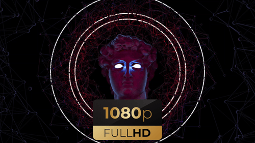 Abstract Rotating Head with Glowing Eyes and Cyber Network