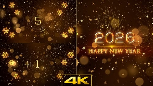 Golden New Year Countdown with Fireworks and Snowflakes