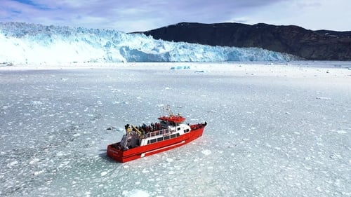 Icebergs drift serenely in the vast ocean under a cloudy sky in a remote Arctic landscape