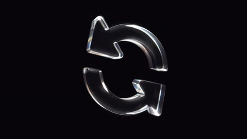 Horizontal rotating glass arrows recycle symbol 3d render animation