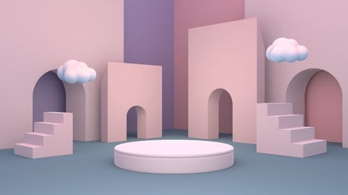 Pastel Geometric Stage with Floating Clouds Background