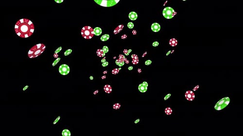 Casino chips rotating Falling to screen Black Loop background. 4K 3D Green Screen Animation.