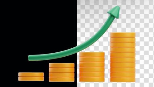 3D Animation of Coin Stack with Rising Green Arrow. Financial Growth Concept