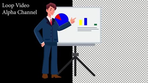 Animated Businessman Presenting Data Charts with Alpha Channel Loop
