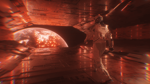 Sci Fi Astronaut Walking In Tunnel With View On Apocalyptic Burning Planet Earth