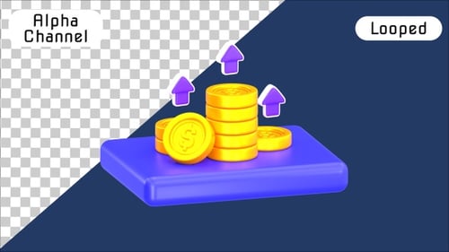 3D Growing Coin Stacks with Profit Upward Arrows | Alpha Channel