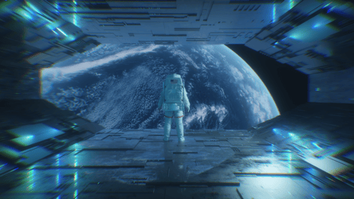 Astronaut In Futuristic Sci Fi Tunnel Looking To The Planet Earth