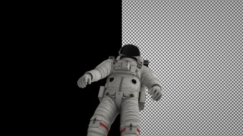 Astronaut flies under the camera. Alpha Channel