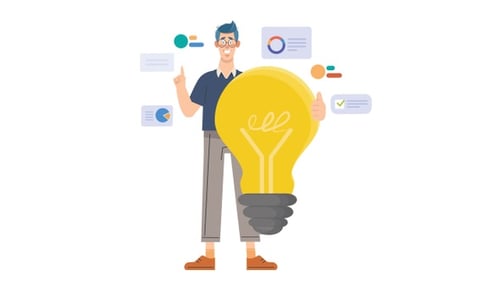 Modern Animated Man Holding Lightbulb with Business Icons