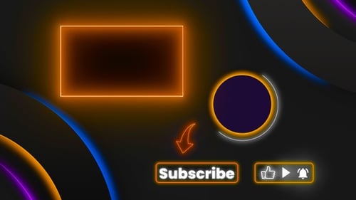 Pantalla final de neón naranja. Botón de suscripción y cierre para canales de videojuegos y vídeo