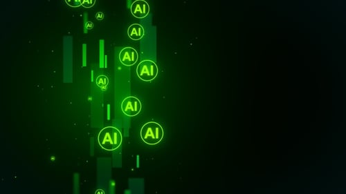 Neon Green AI Icons Flowing Digital Technology Background