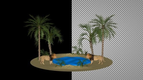 Scène naturelle - Oasis avec palmiers et lions près d'un point d'eau, canal Alpha, exclusif