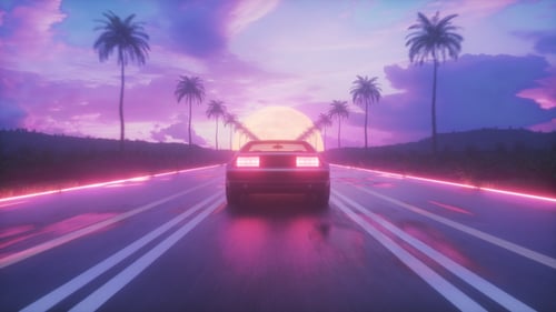 Riding Car With Endless Road And Palms At Sunset Time Synthwave Loop
