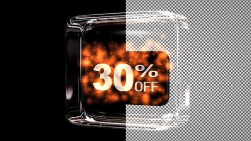 Glass cube with floating discount text - 30 percent off, Alpha Channel, Fire Particles, Exclusive