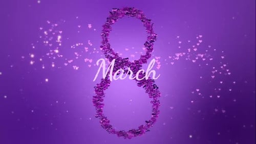 Happy Women's Day Title with Sparkling Hearts and Feminine Symbols