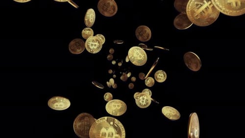 Bitcoin coin symbol Falling on Camera electronic circuit board Loop 4k 3d background.