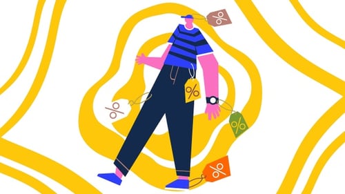 Animated Flat Design Character with Sales Discount Tags