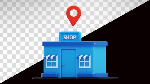 3d animation of shop building with location marker