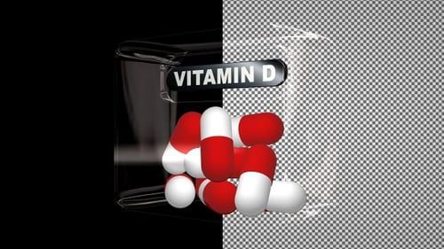 Vitamin-D-Pillen in einem Glaswürfel, Kapseln, Alphakanal, in Schlaufen, exklusiv