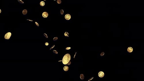 3D 4K Bitcoins Falling, blockchain technology on black loop Animation background.