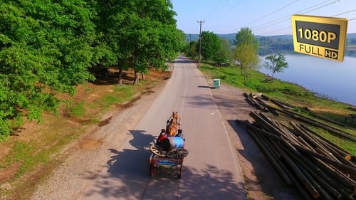 Aerial View of Pair of Horses Pulling Old Wooden Cart 26