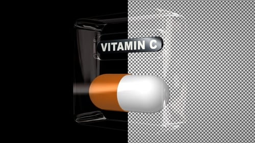 Vitamin C Pill in a Glass Cube, Capsule, Alpha Channel, Looped
