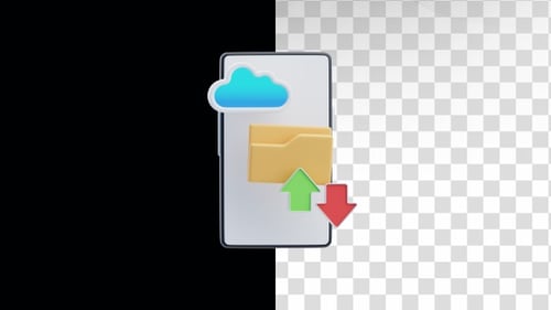 3D-Animation der Cloud-Speicher-Dateisynchronisierung auf einem Mobilgerät