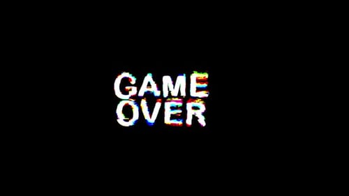 Pantalla de fin de juego con efecto de falla sobre fondo negro