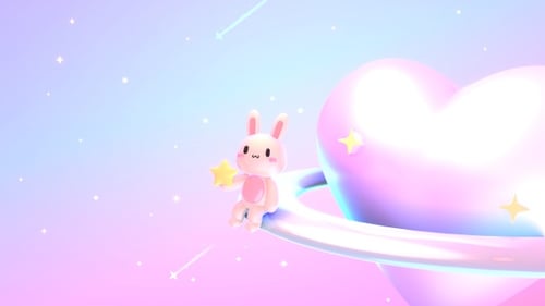 Cute Bunny and Heart Planet in Dreamy Space Loop