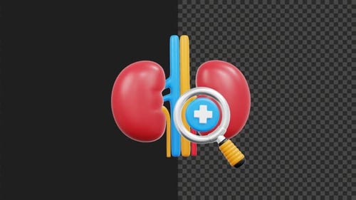 3D Animated Kidneys with Magnifying Glass and Medical Cross Icon