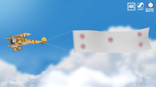 Avión amarillo volando por encima de las nubes con Banner