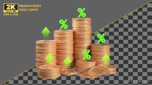 Animated Gold Coin Stacks with Growing Percentage Symbols