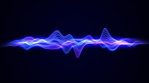 Abstrakter Neonhintergrund mit glühender Schallwellenbewegung. Violette und blaue Neon-Audiowellen
