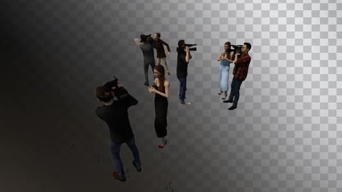 Several 3D visitors and reporters talking and chatting at the exhibition in high quality alpha