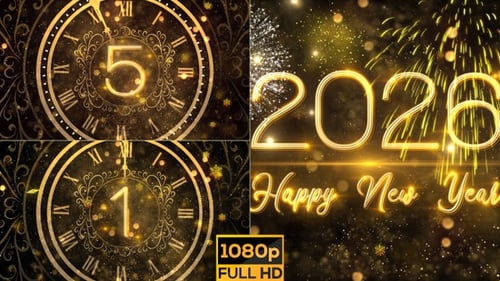 Golden New Year Countdown with Fireworks and Ornate Clock