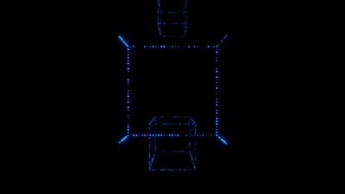 Vídeo vertical con forma de cubo de neón azul, estructura alámbrica, animación en bucle