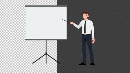 Flat Design Animated Businessman Presenting on Projector Screen